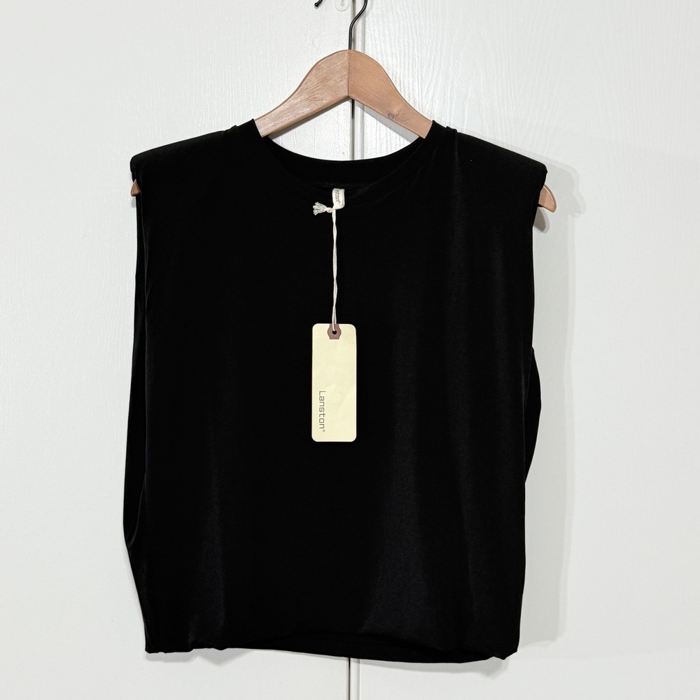 Black Sleeveless Shoulder-Pad Tank Top - LinenFox